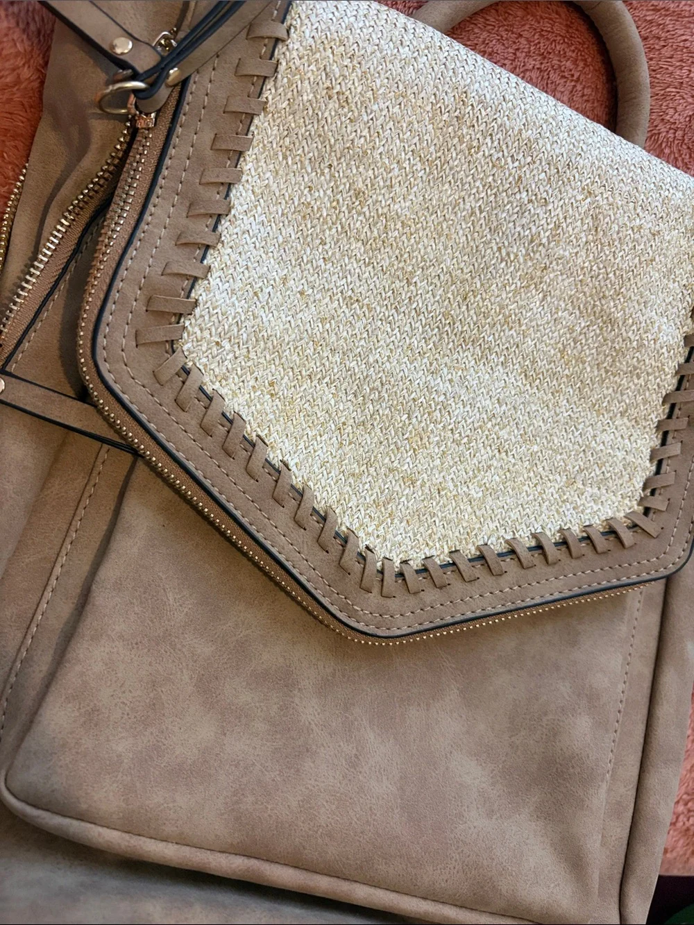 Tan Suede-Style Backpack with Woven Front Flap